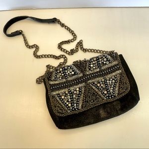 Beaded Gunmetal Cross Body Jeweled Purse Clutch Chain Strap Embroidered Gems